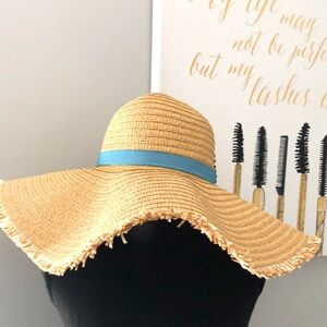 NWOT wide brim tan raffia sun hat with turquoise ribbon band around base of hat